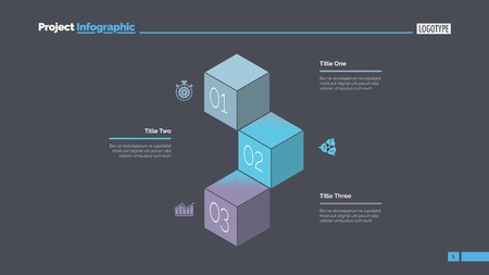 Three cubes process chart slide template. Business data. Stage, diagram, design. Creative concept for infographic, presentation. Can be used for topics like management, strategy, training.のイラスト素材