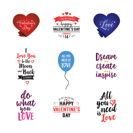 Romantic feelings lettering set. Valentines day, wedding, marriage. Calligraphy, handwritten text can be used for greeting cards, posters, banners, festive designs, leafletsのイラスト素材