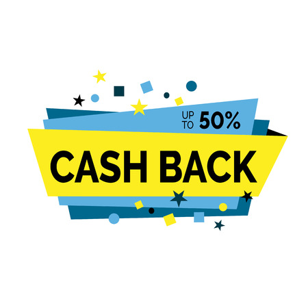 Cash back up to fifty percent lettering. Creative festive inscription with small figures on bright origami papers. Handwritten text, calligraphy. Can be used for greeting cards, posters and leafletsのイラスト素材