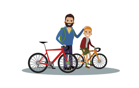 Happy man and his son riding bicycles Vector illustration.のイラスト素材