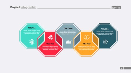 Five octagons process chart slide template. Business data. Strategy, point, design. Creative concept for infographic, presentation, report. For topics like marketing, communication, teamwork.のイラスト素材