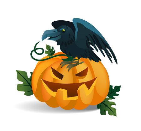 Smiling pumpkin and crow sitting on it. Halloween cartoon characters isolated flat vector illustration. Halloween party concept.のイラスト素材