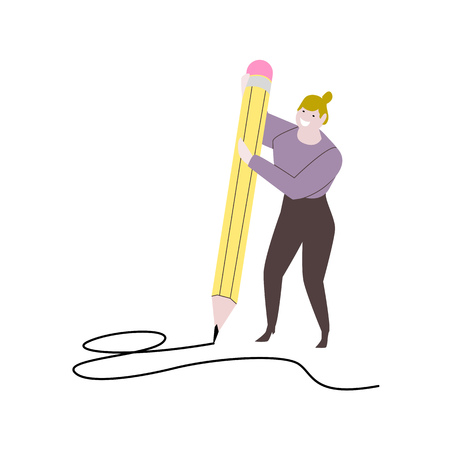 Woman drawing with big pencil illustration. Happy creative girl developing her skill. Art conceptのイラスト素材