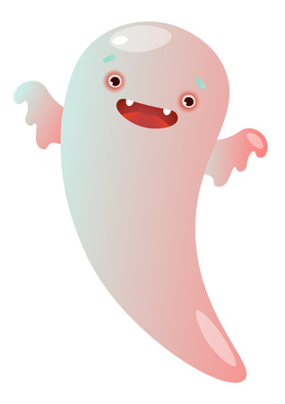 Funny ghost flying and scaring you. Cartoon, character, phantom. Halloween concept. Can be used for greeting cards, posters, leaflets and brochureの写真素材