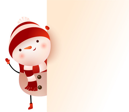 Snowman peeking behind banner and waving hand vector illustration. Christmas, New year sale, invitation. Holiday concept. Can be used for topics like advertising, promotion, celebrationのイラスト素材
