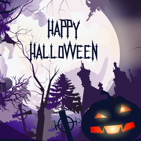 Happy Halloween festive banner. Creative inscription with angry cartoon pumpkin, white huge moon, trees and castle on background. Lettering can be used for postcards.のイラスト素材