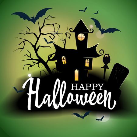 Happy Halloween lettering with castle, tree and bats. Invitation or advertising design. Handwritten and typed text, calligraphy. For leaflets, brochures, invitations, posters or banners.のイラスト素材