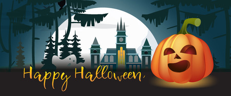 Happy Halloween lettering with cute cartoon pumpkin Creative postcard with pumpkin and moon, castle, forest and trees on background. Lettering can be used for posters.のイラスト素材