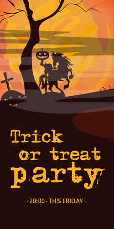 Trick or treat party lettering with Headless Horseman. Invitation or advertising design. Handwritten text, calligraphy. For leaflets, brochures, invitations, posters or banners.のイラスト素材