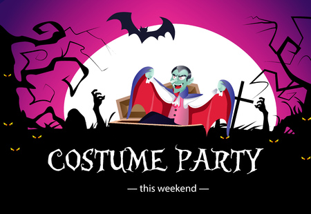 Costume weekend party banner design. Calligraphy with vampire in coffin, zombie hands, yellow eyes, bat, trees and full moon. Can be used for invitations.banners, postcardsのイラスト素材