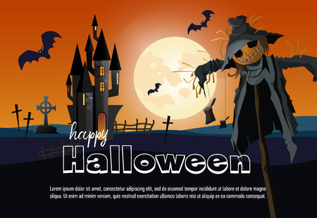 Happy Halloween poster design with cartoon straw man. Calligraphy with straw man, graves, castle and full moon. Can be used for banners, posters,invitations.のイラスト素材