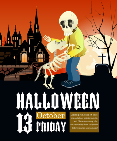 Halloween lettering castle, moon, human and dog skeletons. Invitation or advertising design. Typed text, calligraphy. For leaflets, brochures, invitations, posters or banners.のイラスト素材