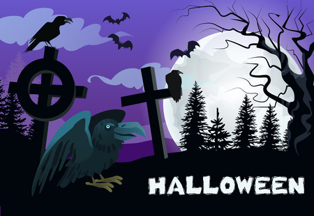 Halloween lettering with moon, trees, crosses and crow. Invitation or advertising design. Typed text, calligraphy. For leaflets, brochures, invitations, posters or banners.のイラスト素材