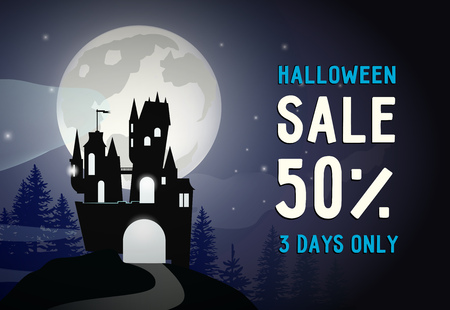 Halloween Sale, Fifty Percent lettering with moon and castle. Advertising design. Typed text, calligraphy. For leaflets, brochures, invitations, posters or banners.のイラスト素材