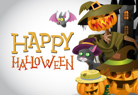 Happy Halloween greeting design. Cartoon pumpkins, black cat in witch hat, bat and spooky castle. Template can be used for flyers, banners, invitationsのイラスト素材
