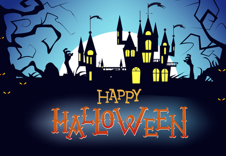 Happy Halloween flyer design. Gothic castle, rising zombies hand, tree silhouettes and moon in background. Template can be used for posters, banners, invitation cardsのイラスト素材