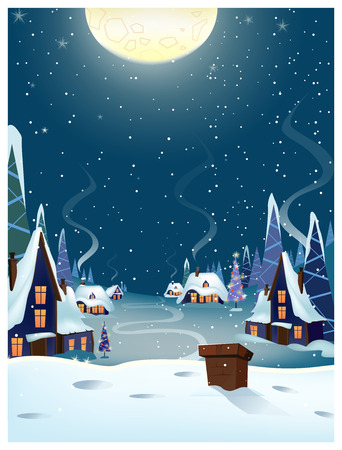 Winter village with houses vector illustration. Countryside houses with illuminated windows and steam from chimneys. Christmas night illustrationのイラスト素材