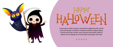 Happy Halloween lettering and sample text with grim reaper and bat. Invitation or advertising design. Typed text, calligraphy. For leaflets, brochures, invitations, flyers, posters or banners.のイラスト素材