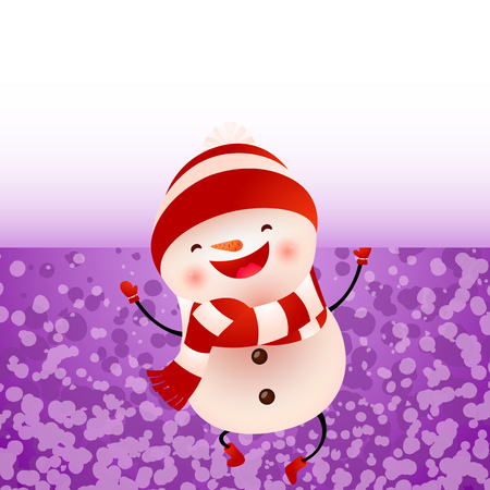 Banner design with laughing cartoon snowman. Cartoon character of snowman in hat and scarf with empty space for inscription. Can be used for banners, posters, postcardsのイラスト素材