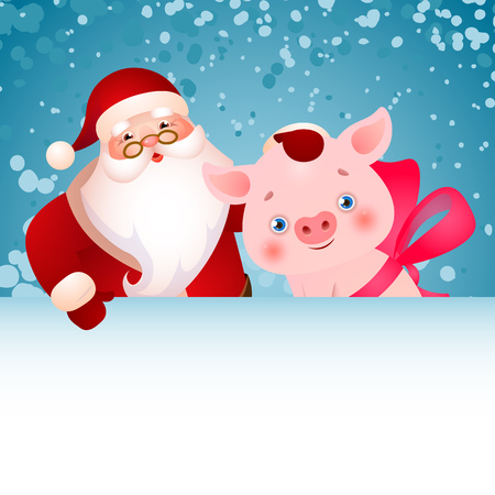 Poster design with Santa Claus and piglet. Cartoon characters of Santa Claus and funny little pig with empty space for inscription. Can be used for banners, leaflets, postersのイラスト素材