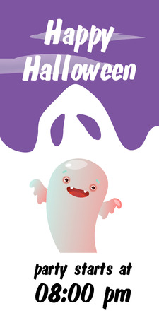 Happy Halloween lettering with party time and cute ghost. Invitation design. Typed text, calligraphy. For leaflets, brochures, invitations, posters or banners.のイラスト素材