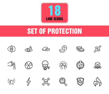 Protection icons. Set of  line icons. Contact lens, respirator, radiation hazard. Caution concept. Vector illustration can be used for topics like ophthalmology, danger, epidemic.のイラスト素材