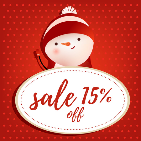 Fifteen percent sale red poster design with cartoon snowman. Lettering in white round frame with cartoon funny snowman in hat on red background with polka dot. Can be used for sales, shops, discountsのイラスト素材