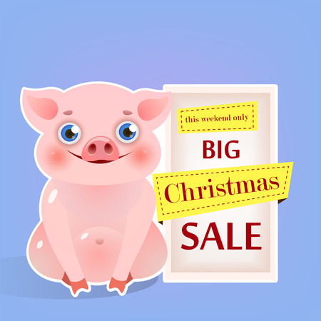 Big Christmas Sale with chubby piglet poster design. Bright inscriptions in frame with sitting piglet on light blue background. Can be used for sales, shops, discountsのイラスト素材