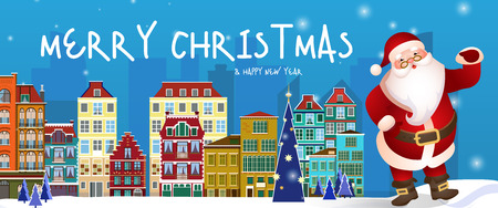 Merry Christmas lettering with cityscape and Santa Claus. Christmas greeting card. Typed text, calligraphy. For leaflets, brochures, invitations, posters or banners.のイラスト素材