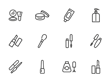 Cosmetics icon. Set of line icons on white background. Lipstick, powder, mascara. Makeup concept. Vector illustration can be used for topics like beauty product, beauty salon, serviceの写真素材
