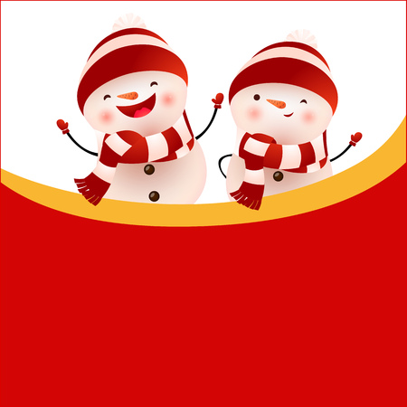 Cheerful snowmen and empty space on red background. Christmas greeting card. For leaflets, brochures, invitations, posters or banners.のイラスト素材