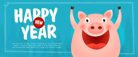 Happy New Year lettering with cheerful pig and sample text. New Year Day greeting card. Handwritten text, calligraphy. For leaflets, brochures, invitations, posters or banners.のイラスト素材