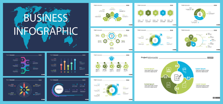 Inforgraphic slide templates for business presentation can be used for annual report, web design, workflow layout. Global business concept. Process, option charts, flowchart, bar graph, donut chartのイラスト素材