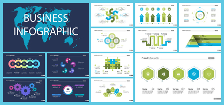 Business presentation slide template design set can be used for workflow layout, annual report, web design. Management concept. Line chart, bar graph, option chart, process chart, flowchartのイラスト素材