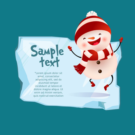 Christmas poster template. Cheerful snowman with sample text on piece of ice on blue background. Illustration can be used for banners, flyers, greeting card designのイラスト素材