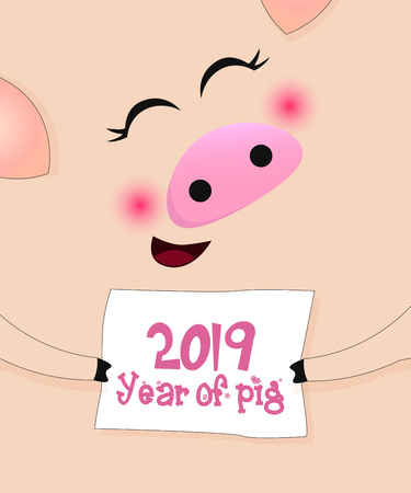 New Year greeting card design. Cute cheerful pig holding Twenty Nineteen sign. Vector illustration can be used for flyers, posters, bannersのイラスト素材