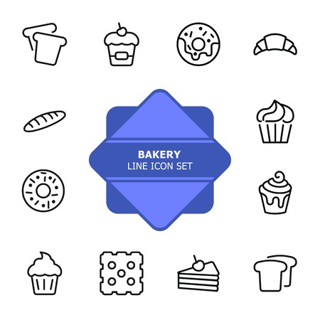 Bakery line icon set.Set of line icons on white background. Cupcake, bread, biscuit, pie. Confectionery concept. Vector illustration can be used for topics like sweets, confectionery, bakery, cafeのイラスト素材