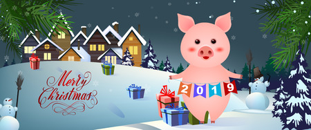 Christmas banner design. Cute piggy, gifts on snow, rural houses and snowmen with brooms in background. Illustration can be used for greeting cards, flyers, postersのイラスト素材