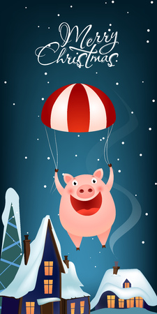 Christmas vertical banner design. Jolly pig parachuting in air over snow covered rooftops. Illustration can be used for greeting cards, flyers, postersのイラスト素材