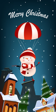 Christmas vertical banner design. Winking snowman flying with parachute over night city. Illustration can be used for greeting cards, flyers, postersのイラスト素材