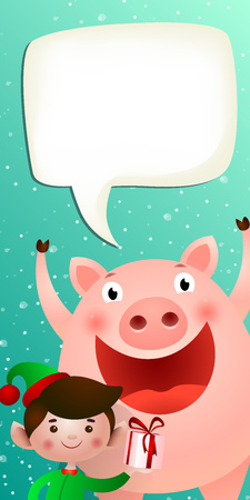 New Year vertical banner template. Cheerful pig, elf holding gift, blank speech bubble and snowfall in background. Festive design can be used for greeting cards, flyers, postersのイラスト素材