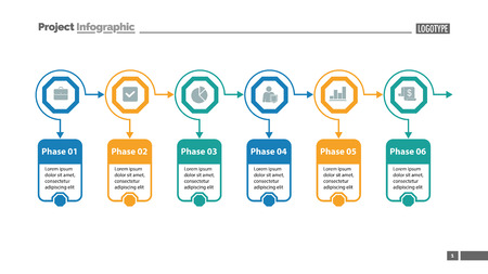 Six options process chart slide template. Business data. Option, diagram, design. Creative concept for infographic, presentation. Can be used for topics like marketing, planning, teamwork.のイラスト素材