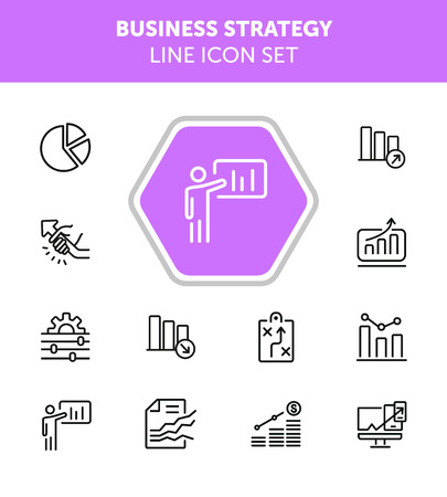 Business strategy line icons set. Set of line icons on white background. Economy concept. Plan, scheme, businessman. Vector illustration can be used for topics like business, economy, strategyのイラスト素材