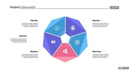Cycle diagram with five options. Option chart, segments, slide template. Creative concept for infographics, presentation, project, report. Can be used for topics like business, startup, investmentのイラスト素材