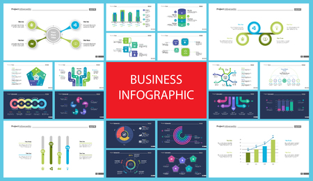 Business presentation slide template design set can be used for workflow layout, annual report, web design. Management concept. Line chart, bar graph, option chart, process chart, flowchartのイラスト素材