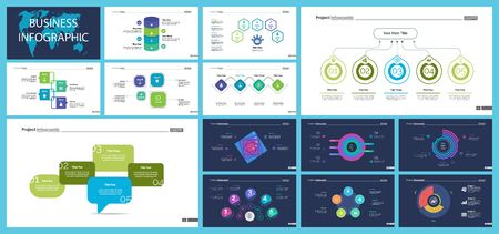 Informational chart design set for business presentation concept. Can be used for workflow layout, annual report, web design. Process chart, option chart, flowchart, comparison graph, bar graphのイラスト素材