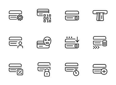 Credit cards line icon set. Set of line icons on white background. Banking concept. Gear, face, payment, cards. Vector illustration can be used for topics like banking, payment, transactionsのイラスト素材