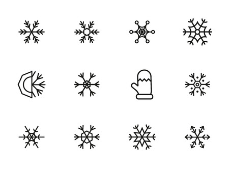Snowflake line icon set. Set of line icons on white background. Snowflake, frosted pattern, mitten. Vector illustration can be used for topics like winter, december, cold seasonのイラスト素材