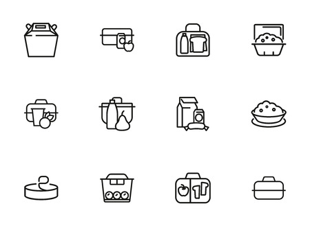 Food products line icon set. Set of line icons on white background. Lifestyle concept. Milk, container, snack, apple. Vector illustration can be used for topics like food, diet, eatingのイラスト素材