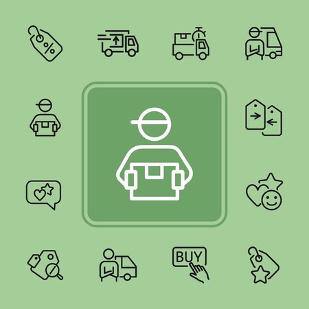 Online shop line icon set. Shopping concept. Delivery man, service, percent tag. Vector illustration can be used for topics like internet, trading, online shoppingのイラスト素材
